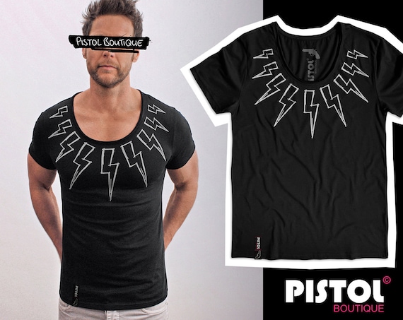 Men's Black Fitted Deep V-Neck T-Shirt With Chest Logo - Pistol Boutique, Plain Design