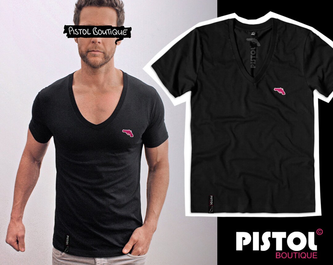 Men's Black Fitted Deep V-Neck T-Shirt With Chest Logo - Pistol Boutique, Plain Design