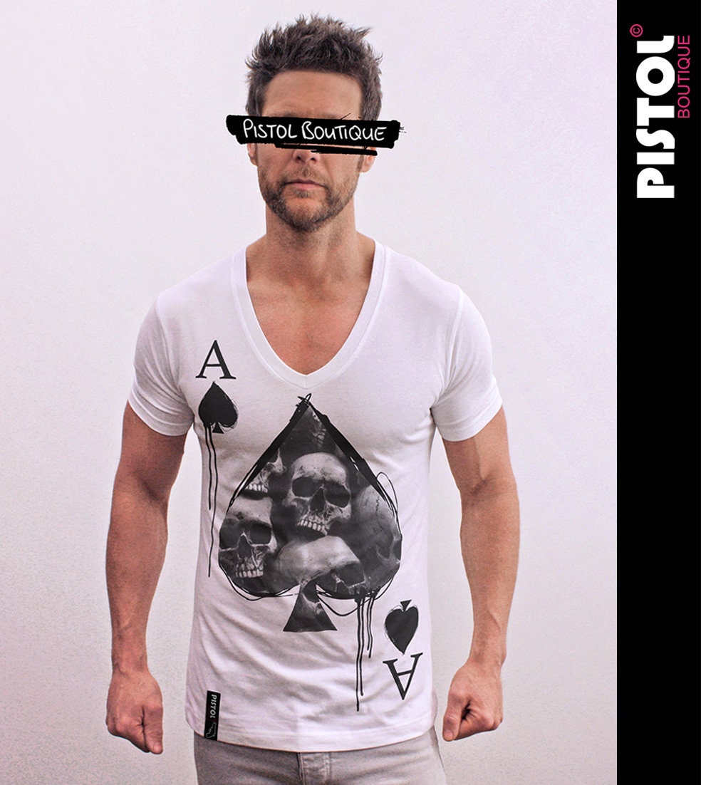 T-shirt Homme Pistol Boutique - Col V Profond, Blanc, Motif Skulls Ace Of Spades