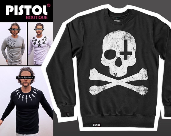 Pistol Boutique Men s Black skull Cross Crossbones Fashion Casual Sweatshirt Sweater Jumper Etsy Canada