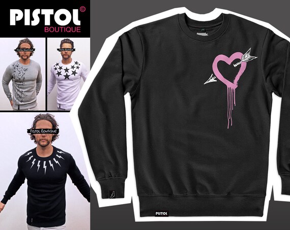 Pull Homme Noir Graffiti Tatouage Pistol Boutique - Coton, Col Rond, Style Décontracté