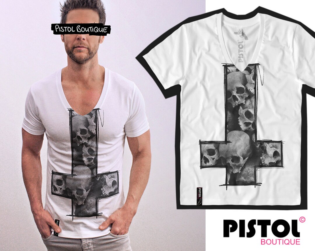 T-shirt Homme Pistol Boutique - Col V Profond, Imprimé Marilyn Monroe Tatouage - Blanc, Coton, Coupe Ajustée