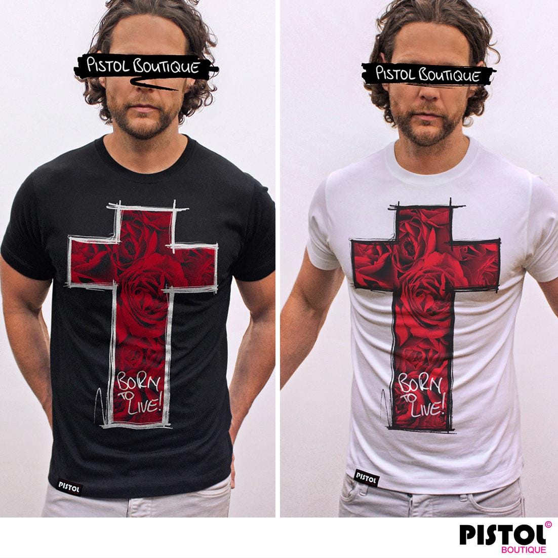 Camiseta de moda con cuello redondo y corte estándar para hombre de Pistol Boutique con dibujo de flores y cruces "Born To Live Rose Roses"