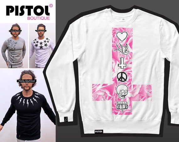Pistol Boutique Men s White rose Flower Heart Skull Swallow Crown Peace Logos Cross Fashion Casual Sweatshirt Sweater Jumper Etsy