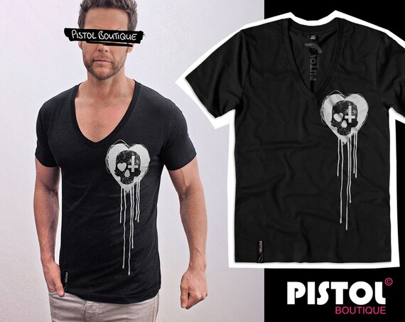 Pistol Boutique men's Black Fitted Deep V neck CHEST SKULL HEART CROSS