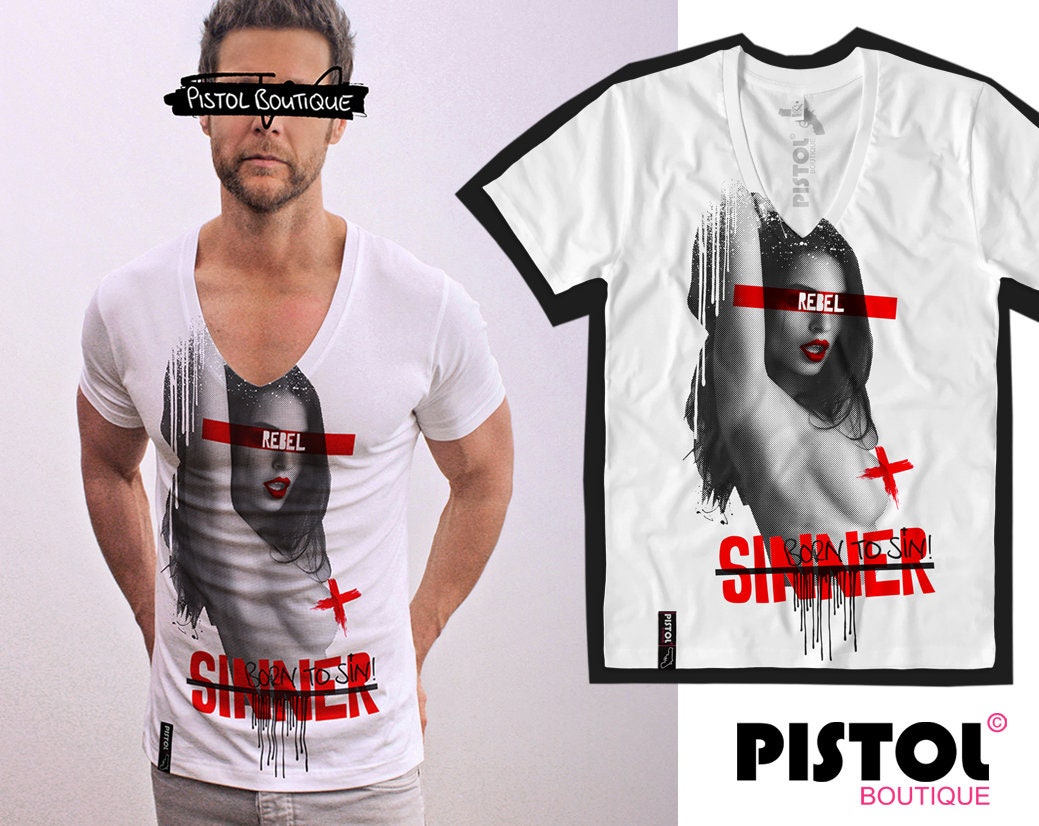 Pistol Boutique Herren T-Shirt 'Born To Sin' – Eng Geschnitten, Deep V-Neck, Weiß, Aus Baumwolle