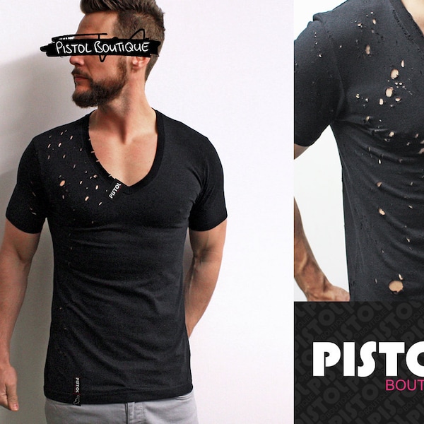 Pistol Boutique Men's Plain Black Fitted "SHOTGUN" Deep V-Neck Distressed & Holed Fashion tee Tshirt T-Shirt