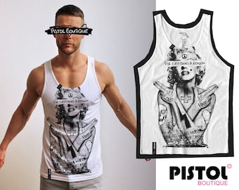 Pistol Boutique Men's White Standard Fit "Graffiti Skull Tattoo Marilyn Monroe" Singlet / Tank / Vest Top
