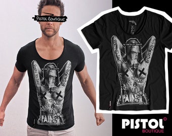 T-shirt Homme Ajusté Noir Col V Profond Imprimé Crâne Et As De Pique - Pistol Boutique