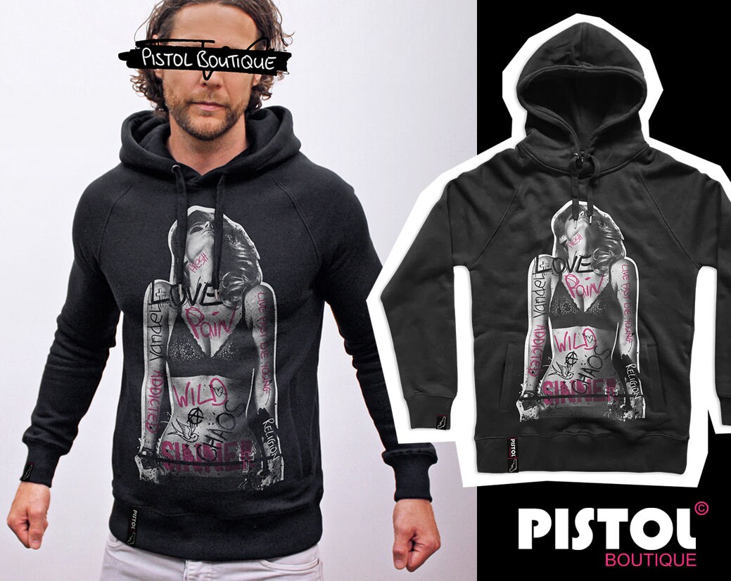 Pistol Boutique Men's Black "Graffiti Tattoos Girl" Fashion Hooded Sweatshirt, Hoody, Hoodie