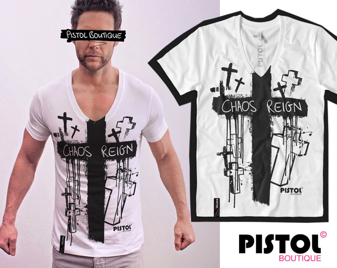 T-shirt Homme Col V Profond Blanc Avec Motif Graffiti Croix - Coupe Ajustée Pistol Boutique