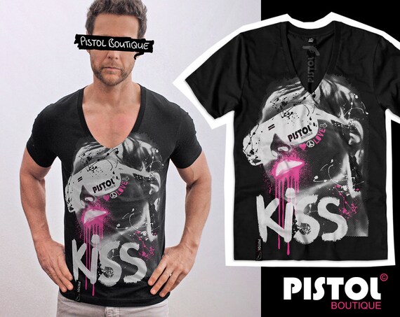 Pistol Boutique Men's Fitted Black Deep V-Neck T-Shirt – LOVE WILL TEAR US APART – Cotton Jersey