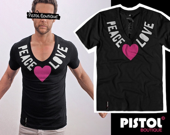 T-shirt Homme Pistol Boutique Blanc Col V Profond | Imprimé Peace & Love | Neuf Avec Étiquettes