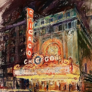 Chicago Theatre, oil painting, architecture, art, artwork, Chicago, local artist, Chicago Architecture