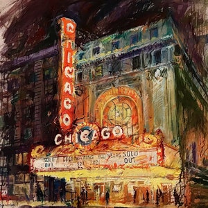 Chicago Theatre, oil painting, architecture, art, artwork, Chicago, local artist, Chicago Architecture