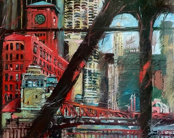 Può includere: Un dipinto di un paesaggio urbano con edifici in mattoni rossi, un ponte e una torre con un orologio. Gli edifici sono dipinti in uno stile realistico, con un'attenzione ai dettagli dell'architettura. Il dipinto è realizzato in uno stile che ricorda l'impressionismo.