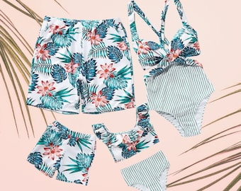 Family Matching Seashell & Starfish Print Swimsuits Ruched One-Piece & Swim Trunks Set Multi-color