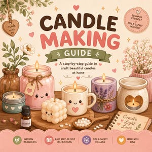 May include: A candle making guide featuring the text CANDLE MAKING GUIDE, A step-by-step guide to craft beautiful candles at home, and Create Light Love. The illustration shows various candles, a lavender oil bottle, and floral accents.