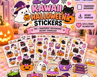 May include: A digital collection of 250 Halloween stickers featuring illustrations of ghosts, black cats, pumpkins, and potions. The set includes various character designs with purple, orange, and black color schemes, presented as PNG files.