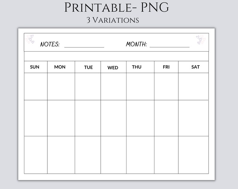 Blank Calender Template Printable Calender PNG in 3 - Etsy