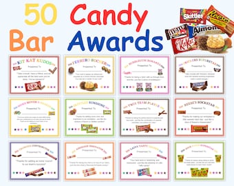 New 50 Employee Candy Bar Awards, Co-Worker Candy Bar Award Certificates, Unique Candy Bar Awards For Employees, Printable Employee Awards