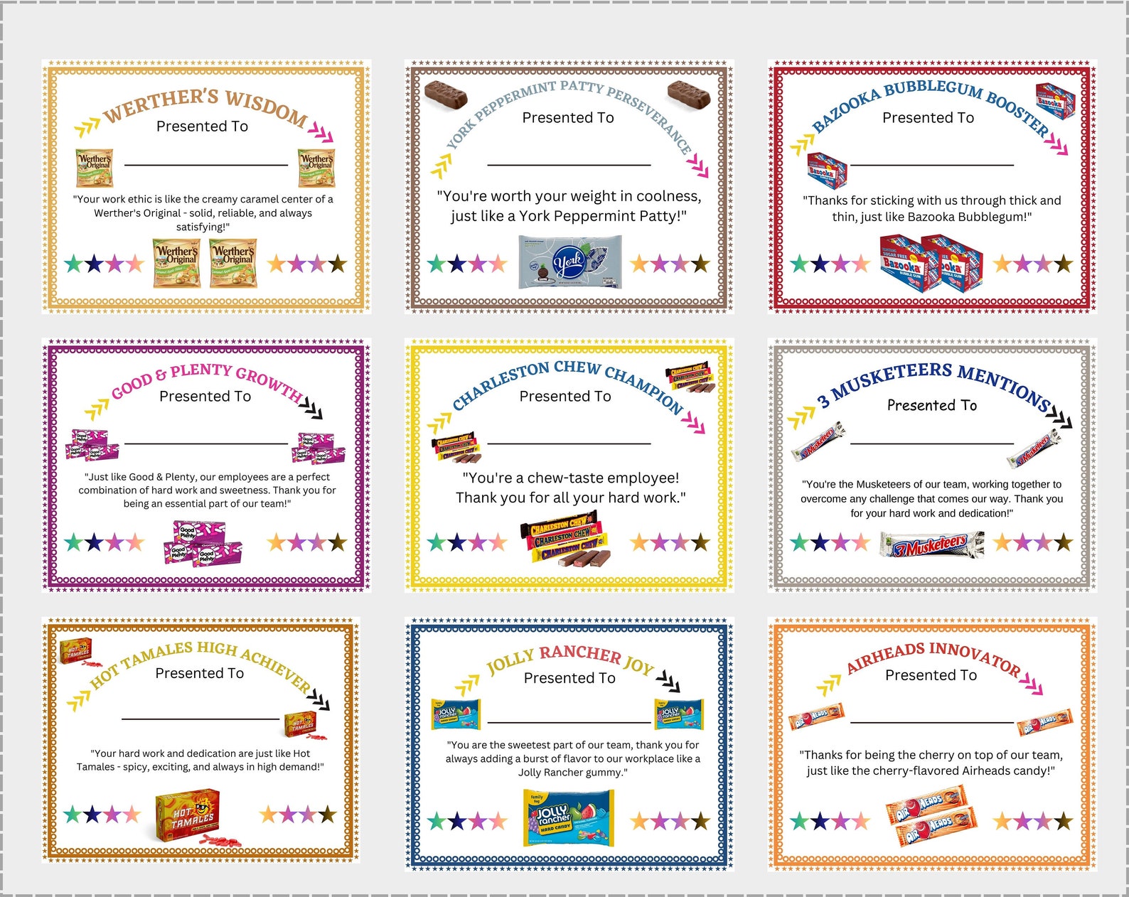Employee Candy Bar Awards Certificates Printable Candy Bar Etsy Canada