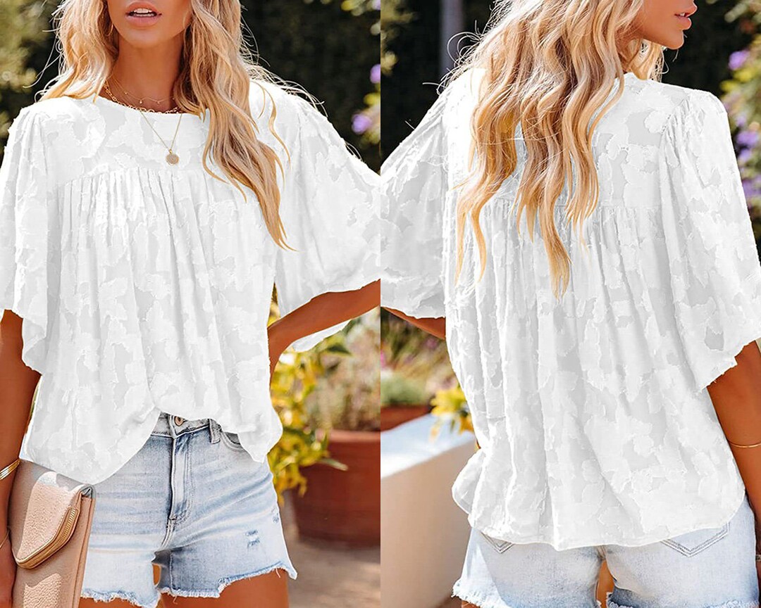 Women's Minimalist Mid Ruffled Sleeve Summer Blouse Round - Etsy