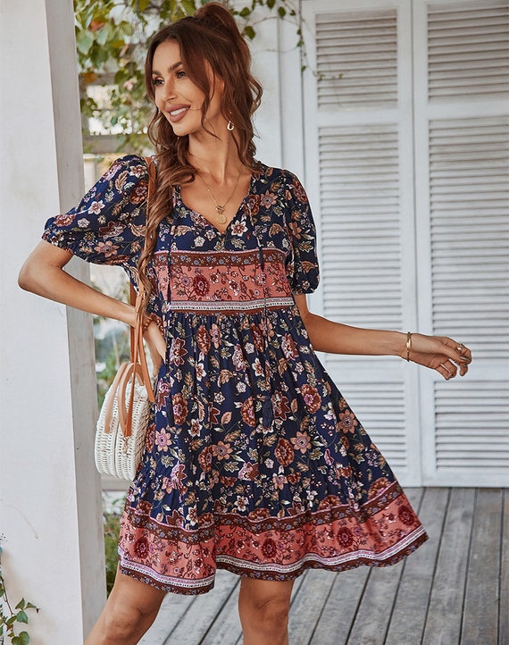 Boho Summer Floral A Line Midi Dress 