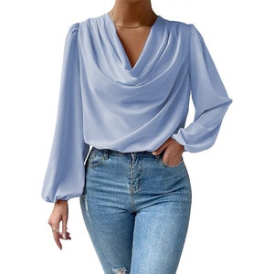 Denim Effect Satin Long Sleeves Blouse main image 1