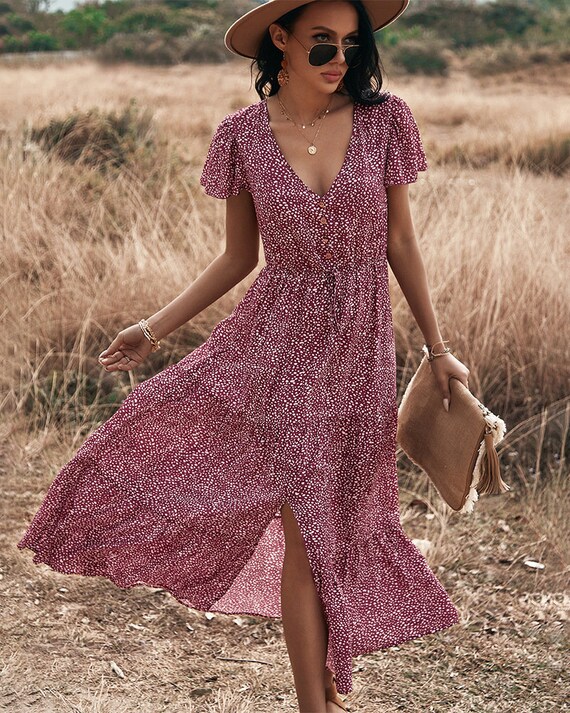 Boho Short Sleeve Polka Dots Maxi Dress 