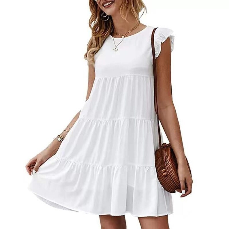 Women Crew Neck Short Sleeves A-line Dress, Bohemian Dress, Beach Dress, Casual Relax, Soft and Comfy, Gifts for Her, White, Black, Navy 