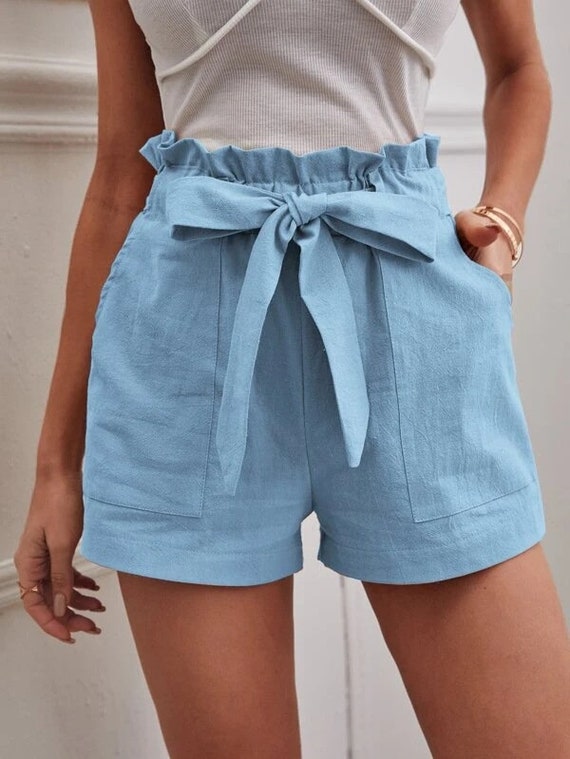 Women's Summer Minimalist High Waist Linen Shorts Tie Etsy