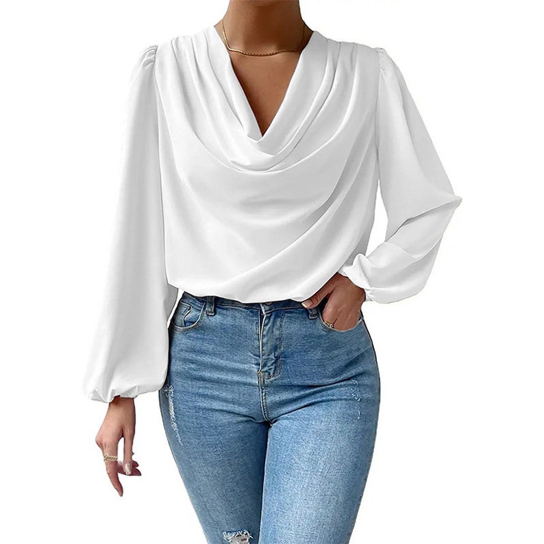Solid Stretch Satin Long Sleeve Blouse