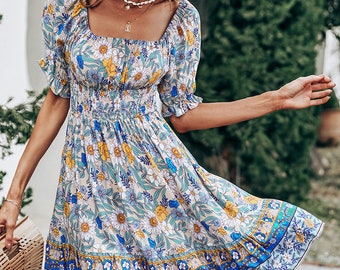 Short Sleeves Paisley Print Mini Dress, Boho Ruffled Flower A-line Dress, Bohemian, Squared Neck, Gifts for Her, Summer Event Outfit