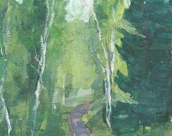 Path Among the Aspens and Cottonwoods" Original Gouache Painting (8x6 gouache on watercolor paper)