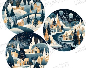 May include: Three circular illustrations of winter scenes with snow-covered houses, trees, and winding paths. The illustrations are set against a dark blue background with white snow and stars.
