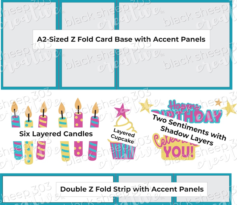 May include: A collection of layered papercraft elements for card making, including an A2-sized Z-fold card base, six layered candles, a cupcake, and sentiments. The text includes "Happy Birthday" and "Celebrate YOU!"