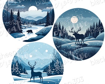 May include: Three circular illustrations of winter landscapes with a blue color scheme. The first image shows a bear walking through a snowy forest. The second image shows a moose standing in a snowy forest. The third image shows a deer standing in a snowy forest.