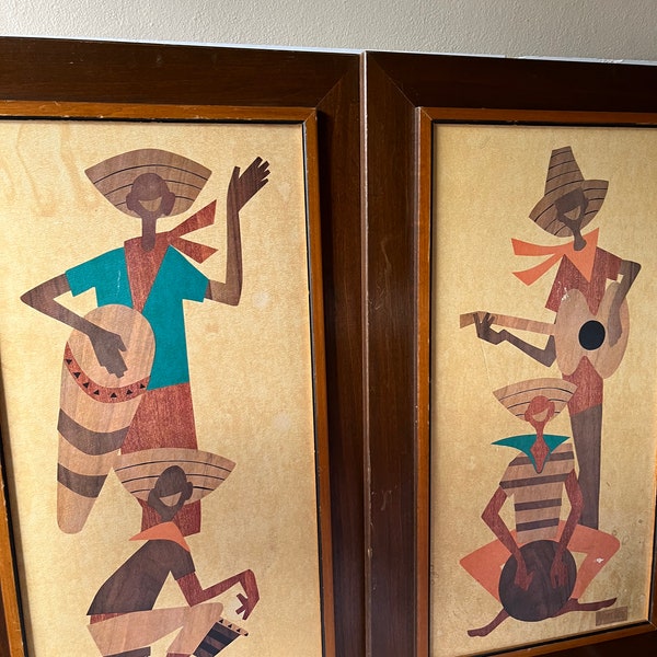 Retro 1960s ROBERT LYONS Pair Calypso Bongo Caribbean Art Prints W/ Frames MCM