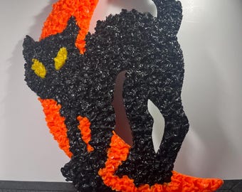 vintage melted plastic "popcorn" Halloween wall decoration black cat on a moon