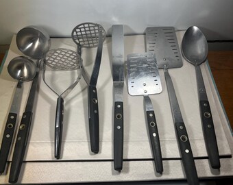 Vtg Flint Arrowhead Cooking Utensil Set of 8- Black Center Hole