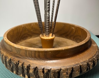 Vintage Wooden Bark Nut Cracker Set 8" Bowl W/ Nutcracker & 6 Picks Rustic