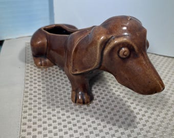Ceramic Dachshund Dog Planter Holder Small Alarmed Face Brown 8x3