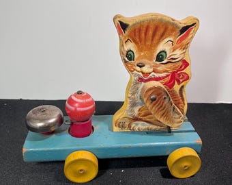 Vintage Fisher Price Wooden Kitty Pull Toy No. 499