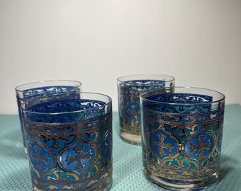 Georges Briard Firenze Lowball Glasses Blue W/Gold Filigree Design Set of 4
