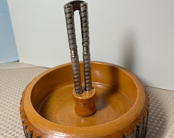 Vintage Rustic Wooden Log Bark Nut Bowl with Nutcracker - Felt Bottom