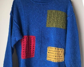 VTG Liz Wear Color Block Pattern Blue Cable Knit Sweater Women's Small