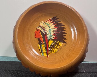 Vtg Wood Trinket Dish Souvenir w/ Native American Graphic Tree Bark