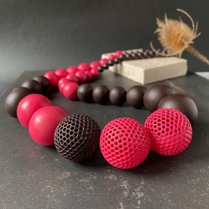 Unique avant-garde necklace with huge wooden beads, red and chocolate brown necklace, statement jewelry for eye-catching women