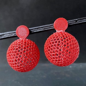 Total red earrings with chunky filigree sphere, Statement 3d printed jewelry, Red Brutalist earrings of lightweight Sterling silver